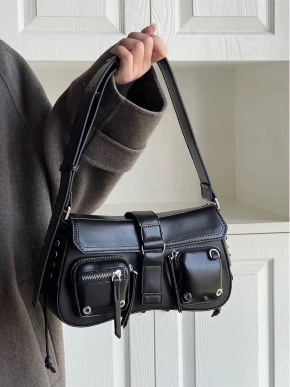 Black Leather Shoulder Bag with Front Pockets
